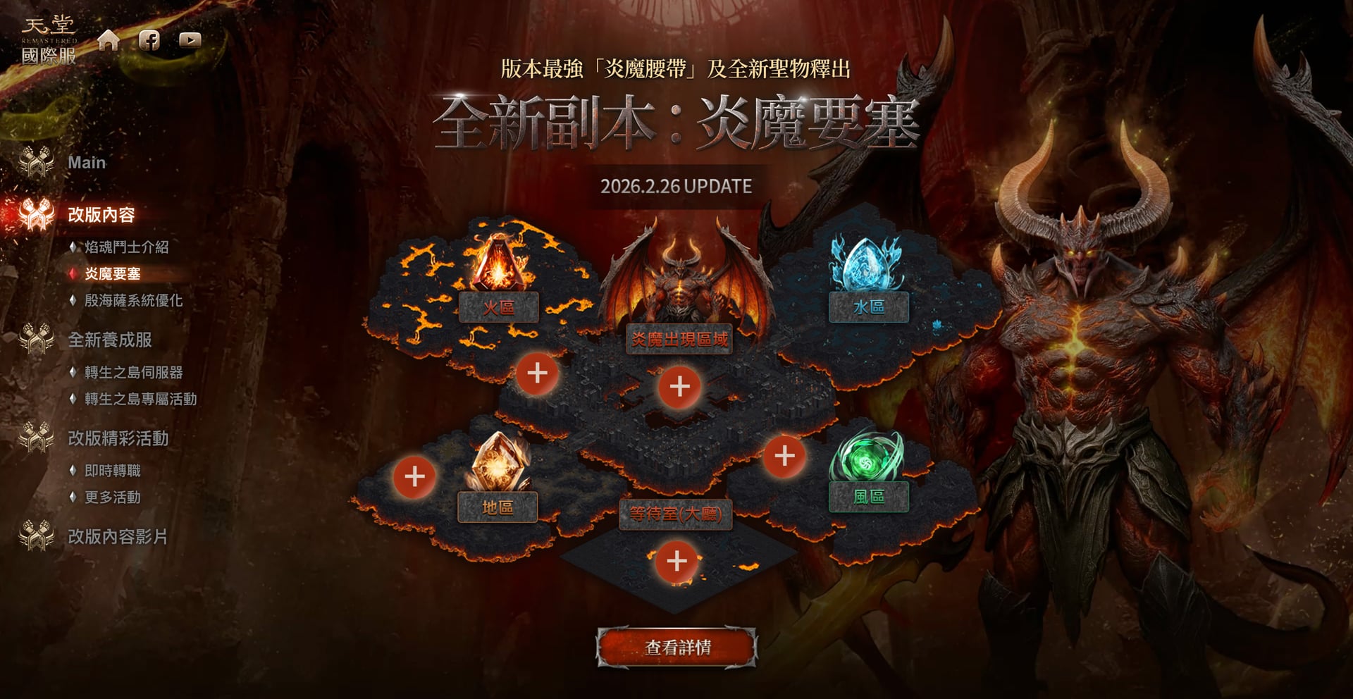 新副本「炎魔要塞」介紹區。以節點式互動呈現關卡與獎勵脈絡，引導玩家了解副本玩法。